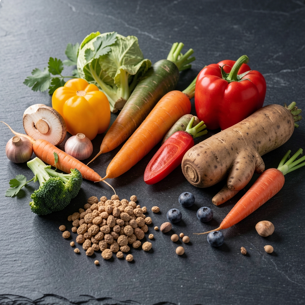 Seasonal vegetables and whole foods arranged on a dark stone surface in natural light, editorial still life composition